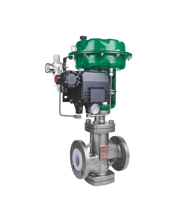 Fluorine lined pneumatic film bellows regulating valve